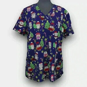 Zinnia ladies scrub‎ top large Christmas with penguins